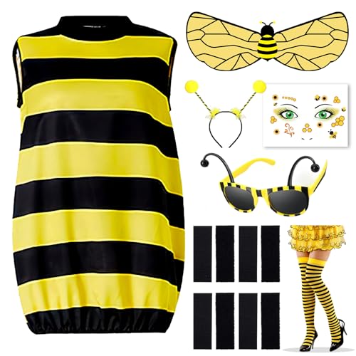 Singtis Biene Kostüm für Erwachsene Damen, Cosplay Kostüm 11 Set Bild Bienenkostüm Kit Bumblebee Kostüm mit Kopfschmuck, Gestreiftes Top, Wings, Socken, Bienengläser, Tattoos von Singtis