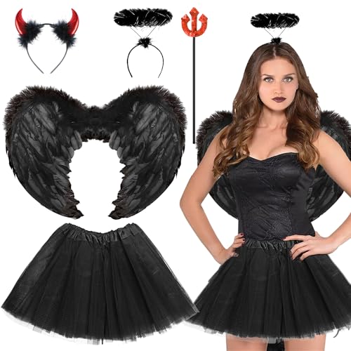 Singtis Engelsflügel Schwarz, Schwarzer Engel Kostüm Set, Schwarzer Engel Kostüm Damen, Schwarze Flügel, Gefallener Böser Engel Kostüm, Kostümparty Halloween Kostüm Engel für Damen von Singtis