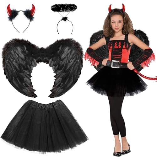 Singtis Engelsflügel mit Heiligenschein,Engel und Teufel Flügel Kostüm für Damen und Mädchen Kinder für Halloween Karneval Cosplay Party Fasching Kostümparty Verkleidung-Schwarz von Singtis