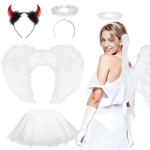 Singtis Engelsflügel Weiß, Engel kostüm Damen und Heiligenschein, Engelsflügel Weiß Groß，Federflügel Engel Weiss für Karneval Cosplay Party von Singtis