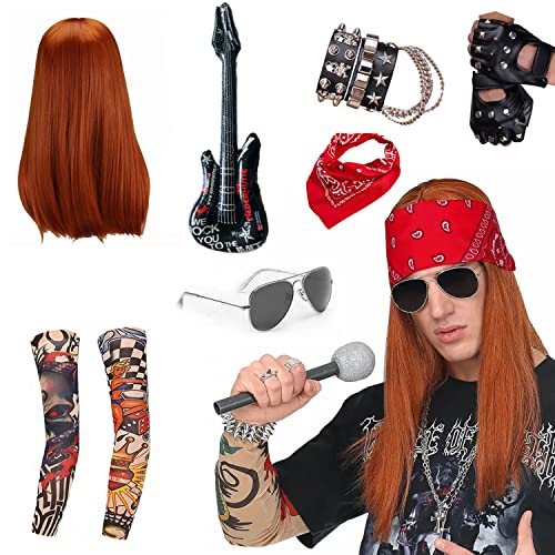 Singtis Herren Kostüm Rock Star 70er 80er 90er Jahre Outfit Herren Gothic Kleidung mit Punk Bandanas Handschuhe,Punk Kette, Lederarmband,Tattoo Ärmel,Sonnenbrille,Perücke，Aufblasbare Gitarre von Singtis