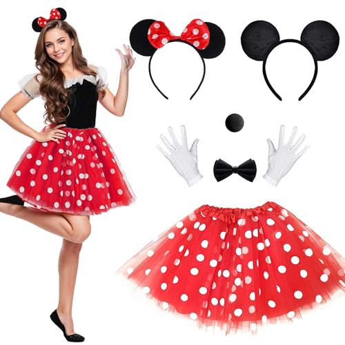 Singtis Karneval Kostüm Damen Maus Mouse Kostüm Rot Weiß Schwarz mit Tutu Gepunktet + Haarreifen mit Maus Ohren und Schleife für Fasching Karneval Motto Party von Singtis