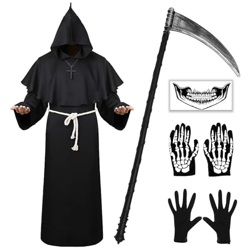 Mönch Robe Kostüm, Hallowee Mönch Priester Gewand Kostüm mit Kapuze Mittelalterliche Kapuze Herren Mönchskutte mit Kreuz-Halskette, Gürtel, Sense, Totenkopf Tattoos und Skull Masker, schwarz, Gr. M von Singtis