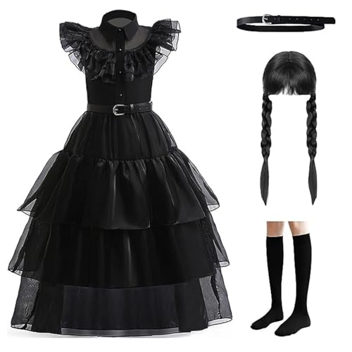 Singular-Point Halloween Kostüm Mädchen-Wednesday Kleid Kostüm Kinder Halloween Kleid Damen Schwarz Tüllrock Kleid Gothic Kleidung Family Kostüm Halloween Karneval Cosplay Halloween Deko von Singular-Point