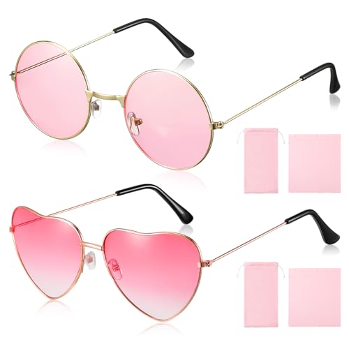 Sinmoe 2 Sets Hippie Sonnenbrillen Herz Sonnenbrille Retro Runde Brille 60er 70er Rave Festival Hippie Kostüm Halloween Accessoires mit Metallrahmen 2 Aufbewahrungsbeutel 2 Brillenputztücher von Sinmoe