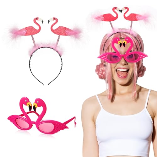 Sinmoe 2 Stück Haarreif mit Glitzer Flamingo und Flauschigen Federn Hawaiianische Lustige Partybrille Set 1 Karneval Tropischer Haarschmuck 1 Flamingo Brille Flamingo Kostüm Zubehör Party Deko von Sinmoe