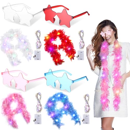 Sinmoe 4 Set Leuchtende Federboas und Sonnenbrille Party Zubehör Tanz Accessoires, 4 Stück 6,6 Fuß Flauschige Bunte Federboas mit LED Lichterkette Farbe 4 Pentagramm Sonnenbrille für Hochzeit Karneval von Sinmoe