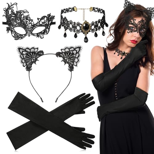 Sinmoe 4 Stück Maskerade Kostüm Set inklusiv Spitzen Katzenohren Stirnband Spitzen Augenmaske Spitzen Halskette Lange Schwarze Handschuhe für Damen Mädchen Karneval Maskenball Halloween, Schwarz von Sinmoe