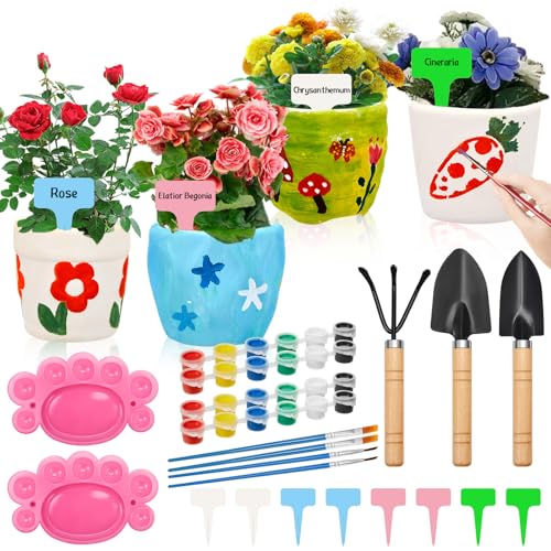 Sinmoe 4er-Set DIY Keramik Blumentöpfe DIY-Blumentopf-Malset Mini Gartenwerkzeug Set Bemalen Sie Ihren Eigenen Keramiktopf Geschenke für Blumenzüchter von Sinmoe