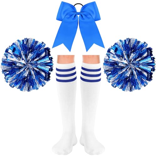 Sinmoe 4er Set Karneval Cheerleader Kostüm Zubehör 2 Cheerleading Pompons aus Metallfolie 1 Groß Haarschleife Cheerleader Haar Bögen 1 Paar Sport Therme Kniestrümpfe für Tanz Wettbewerb (Blau) von Sinmoe