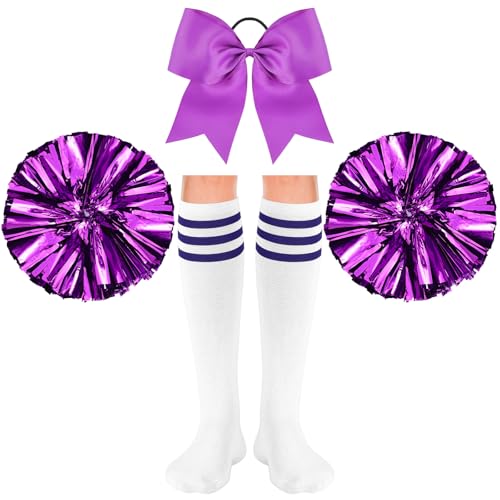 Sinmoe 4er Set Karneval Cheerleader Kostüm Zubehör 2 Cheerleading Pompons aus Metallfolie 1 Groß Haarschleife Cheerleader Haar Bögen 1 Paar Sport Therme Kniestrümpfe für Tanz Wettbewerb (Lila) von Sinmoe