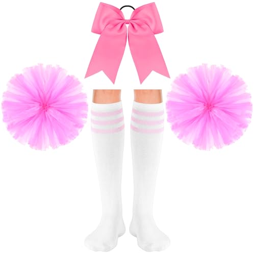 Sinmoe 4er Set Karneval Cheerleader Kostüm Zubehör 2 Cheerleading Pompons aus Metallfolie 1 Groß Haarschleife Cheerleader Haar Bögen 1 Paar Sport Therme Kniestrümpfe für Tanz Wettbewerb (Rosa) von Sinmoe