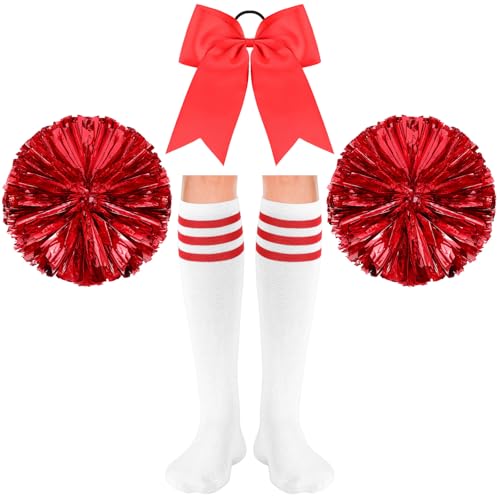 Sinmoe 4er Set Karneval Cheerleader Kostüm Zubehör 2 Cheerleading Pompons aus Metallfolie 1 Groß Haarschleife Cheerleader Haar Bögen 1 Paar Sport Therme Kniestrümpfe für Tanz Wettbewerb (Rot) von Sinmoe