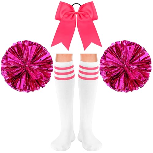 Sinmoe 4er Set Karneval Cheerleader Kostüm Zubehör 2 Cheerleading Pompons aus Metallfolie 1 Groß Haarschleife Cheerleader Haar Bögen 1 Paar Sport Therme Kniestrümpfe für Tanz Wettbewerb (Rosenrot) von Sinmoe