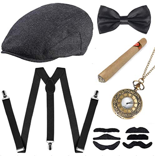 Sinoeem 1920s Herren Accessoires Inklusive Panama Gangster Hut Verstellbar Elastisch Hosenträger Herren Halsschleife Fliege Taschenuhr und Plastik Zigarre (Barett-Gray-08) von Sinoeem