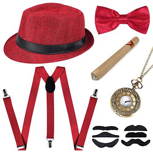 Sinoeem 1920s Herren Accessoires Inklusive Panama Gangster Hut Verstellbar Elastisch Hosenträger Herren Halsschleife Fliege Taschenuhr und Plastik Zigarre (Rot) von Sinoeem