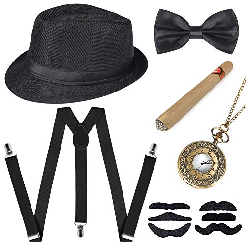 Sinoeem 1920s Herren Accessoires Inklusive Panama Gangster Hut Verstellbar Elastisch Hosenträger Herren Halsschleife Fliege Taschenuhr und Plastik Zigarre (Schwarz) von Sinoeem