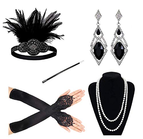 Sinoeem 1920s Kostüm Damen Flapper Accessoires Set 20er Jahre Halloween Kostümzubehör Inklusive Stirnband Halskette Handschuhe Ohrringe Gatsby Handheld-Requisiten Set (Set-11) von Sinoeem