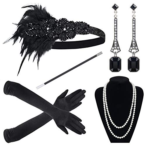 Sinoeem 1920s Kostüm Damen Flapper Accessoires Set 20er Jahre Halloween Kostümzubehör Inklusive Stirnband Halskette Handschuhe Ohrringe Gatsby Handheld-Requisiten Set (Set-2) von Sinoeem