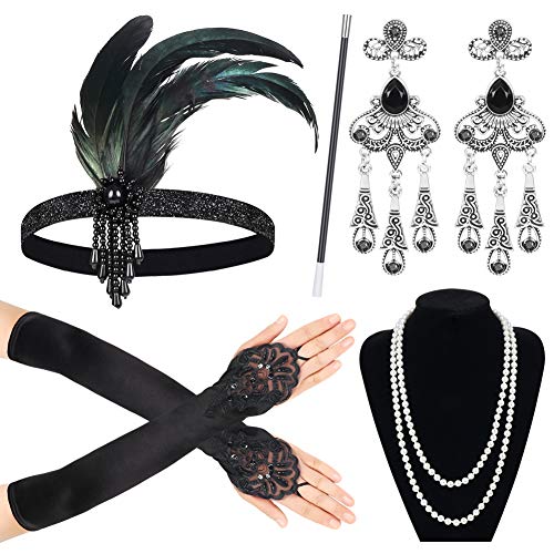 Sinoeem 1920s Kostüm Damen Flapper Accessoires Set 20er Jahre Halloween Kostümzubehör Inklusive Stirnband Halskette Handschuhe Ohrringe Gatsby Handheld-Requisiten Set (Set-3) von Sinoeem