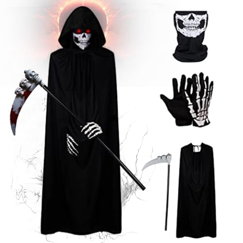 Sinoeem 4Pcs Sensenmann Kostüm, Halloween Samt Sensemann Umhang Set, Sense Skelett Sichel Handschuhe Schädelmaske, Sensenmann Umhang Schwarz für Erwachsene Halloween Party Cosplay von Sinoeem