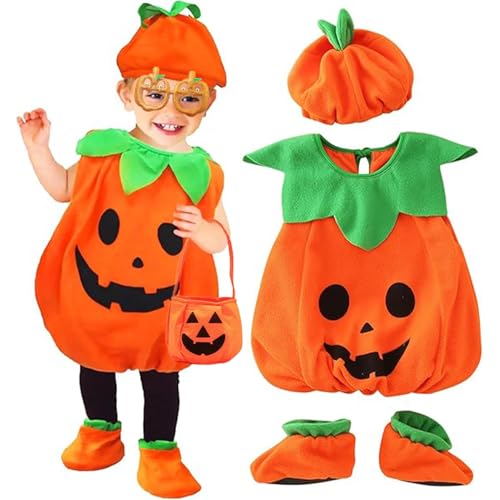 Sinoeem 5PCS Halloween Kostüm Kürbis Kinder, Baby Kürbis Kostüm mit Halloween Süssigkeiten Beutel, Hut und Kürbisgläser, Pumpkin Kostüm Mädchen Jungen für Party Fasching Karneval (Gelb, 100) von Sinoeem