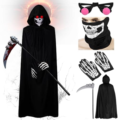 Sinoeem 5Pcs Sensenmann Kostüm, Halloween Samt Sensemann Umhang Set, Sense Skelett Sichel Handschuhe Schädelmaske Rote Brille, Sensenmann Umhang Schwarz für Erwachsene Halloween Party Cosplay von Sinoeem