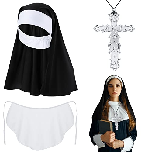 3-teiliges Halloween-Nonnen-Kostüm für Damen, Nonnen-Outfit mit Nonnen-Kopfbedeckung, Kreuzhalskette und Halsband-Zubehör für Erwachsenenkleid, Einheitsgröße von Sintege