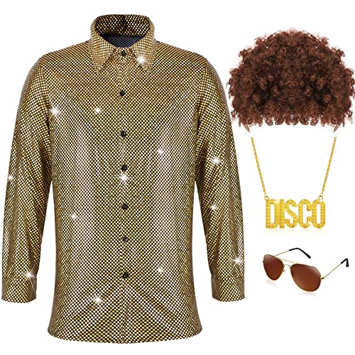 4-teiliges Herren-Disco-Kostüm-Set im 70er-Jahre-Design, glänzende Hemden, luxuriöse Pailletten, langärmelige Hemden für 70er-Jahre-Disco-Party, Halloween, Abschlussball (Gold, L) von Sintege