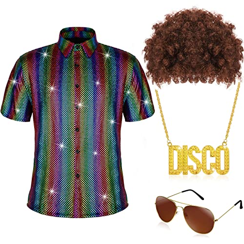 70er-Jahre-Disco-Kostüm für Herren, Hippie-Kostüm der 70er-Jahre, mit Pailletten, kurzärmelig, glänzende Hemden, goldene Halskette, flippige Sonnenbrille, mehrfarbig, Größe XL, 4 Stück von Sintege