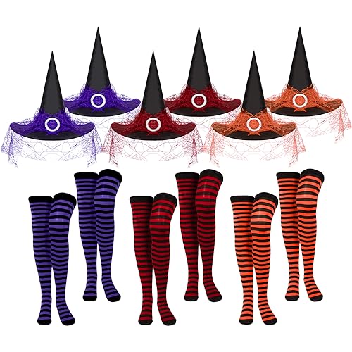 Sintege 12 Stück Halloween Cosplay Hexe Zubehör für Frauen Mädchen Hexenhut Lange Gestreifte Oberschenkel Hohe Socken für Hexenkostüm Cosplay Party Dekoration von Sintege