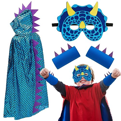 Sintege 3 Stück Halloween Kinderkostüm Dinosaurier Faschingskostüm Dinosaurier Umhang mit Kindermasken und Handschuhe Drachen Verkleidung Set für Kinder Kleinkinder Jungen Mädchen Karneval Halloween von Sintege