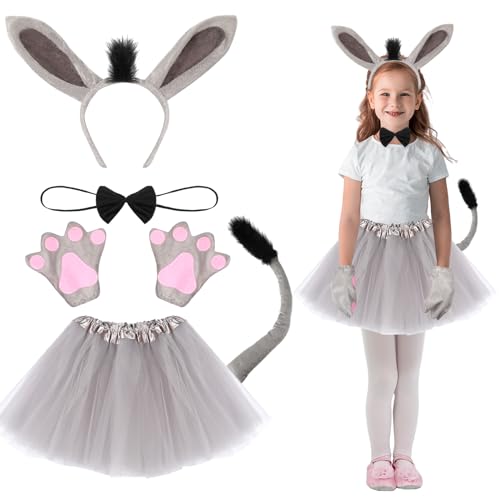 Sintege 5 Stück Kostüm Set für Kinder Ohren Haarreif Schwanz Tutu Rock Fliege und Handschuhe Tierkostüme für Mädchen Kinder Faschingskostüm für Karneval Halloween Cosplay(Esel) von Sintege