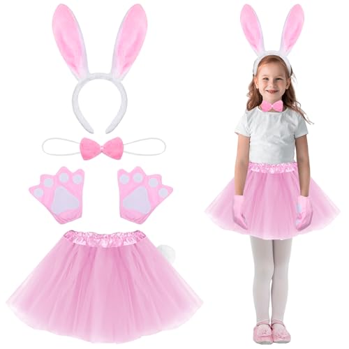 Sintege 5 Stück Kostüm Set für Kinder Ohren Haarreif Schwanz Tutu Rock Fliege und Handschuhe Tierkostüme für Mädchen Kinder Faschingskostüm für Karneval Halloween Cosplay(Rosa Kaninchen) von Sintege