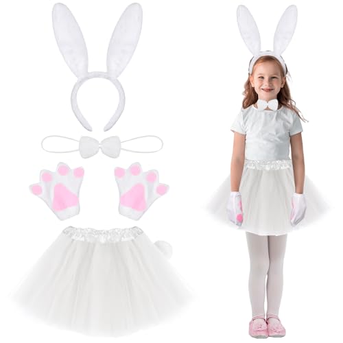 Sintege 5 Stück Kostüm Set für Kinder Ohren Haarreif Schwanz Tutu Rock Fliege und Handschuhe Tierkostüme für Mädchen Kinder Faschingskostüm für Karneval Halloween Cosplay(Weiß Kaninchen) von Sintege