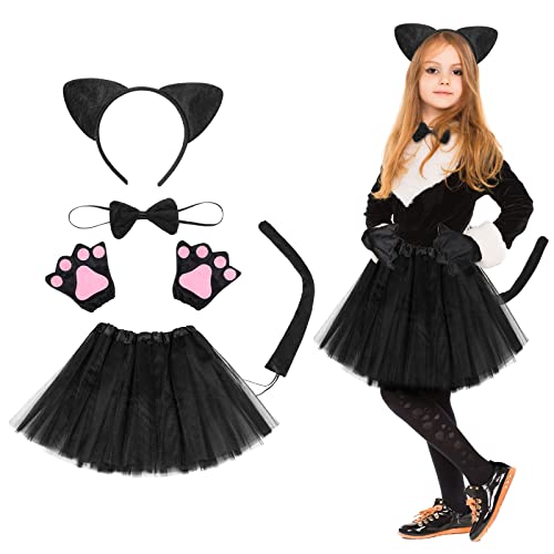 Sintege 5 Stück Katze Kostüm Set für Kinder Katzenohren Haarreif Schwanz Tutu Rock Fliege und Handschuhe Schwarze Tierkostüme für Mädchen Kinder Faschingskostüm für Karneval Halloween Cosplay von Sintege