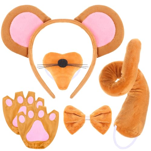 Sintege 5 Stück Maus Kostüm Set Tierkostüm Zubehör Maus Ohren Stirnband Maus Nase Schwanz Handschuhe Fliege Tier Cosplay Accessoires für Kinder Erwachsene Halloween Geburtstag Party(Braun) von Sintege