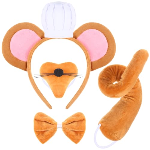 Sintege 5 Stück Maus Kostümset Stirnband mit Ohren Mäusenase Schwanz Fliege Kochmütze Rattenkostüm Zubehör für Halloween Cosplay Party(Braun) von Sintege