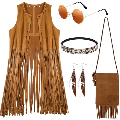 Sintege 5er Set 60er 70er Damen Hippie Kostüm Karneval Kostüm inklusive Disco Boho Fransenweste Quastentasche Stirnband Sonnenbrille Ohrringe Halskette Bohemian Outfit Accessoires für Halloween (L) von Sintege