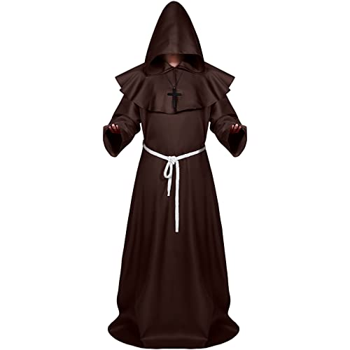 Sintege Halloween Mittelalterliche Mönchsrobe mit Kapuze Priester Robe für Erwachsene Priester Kostüm Zauberer Kostüm mit Mantel Taillenseil und Kreuz Halskette (Braun, L) von Sintege