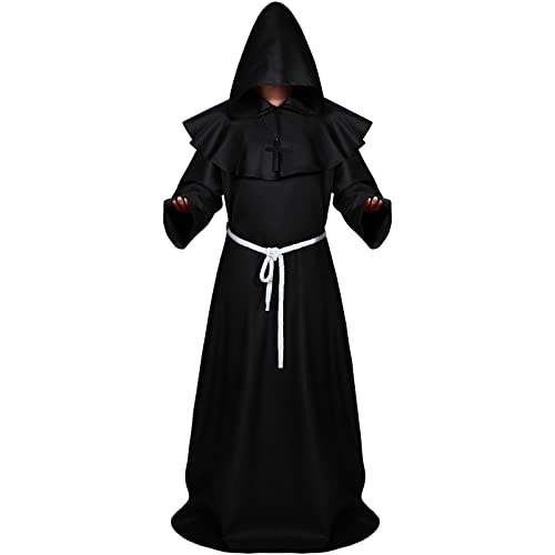 Sintege Halloween Mittelalterliche Mönchsrobe mit Kapuze Priester Robe für Erwachsene Priester Kostüm Zauberer Kostüm mit Mantel Taillenseil und Kreuz Halskette (Schwarz, L) von Sintege