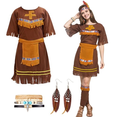 Sintege Indianerin Kostüm für Frau Indianer Kleid Damen und Indianische Accessoires Set Indianermädchen Outfit Boho Amerikanisches Kostüm mit Stamm Mottoparty Faschingskostüm Indianerkostüm(M) von Sintege