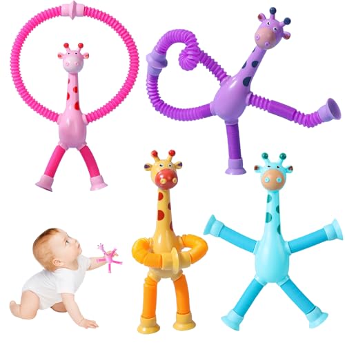 4 Stück Teleskop Giraffe Saugnapf Spielzeug Kinder, Sensorik Spielzeug, Sensorisches Giraffen-Spielzeug mit Lichtern, Saugnapf Spielzeug Kinder, Lustiges Pädagogisches Stressabbau-Spielzeug für Kinder von Sinwind