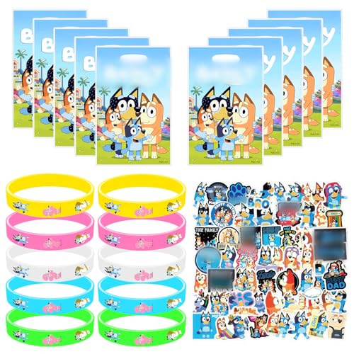 Bluey Party Kindergeburtstag Gastgeschenke Mitgebsel Set 70 Stk Bluey Give Aways Kindergeburtstag Gastgeschenke Partygeschenk- Packs mit Mehreren Elementen Armband Geschenktasche Aufkleber für Kinder von Sinwind