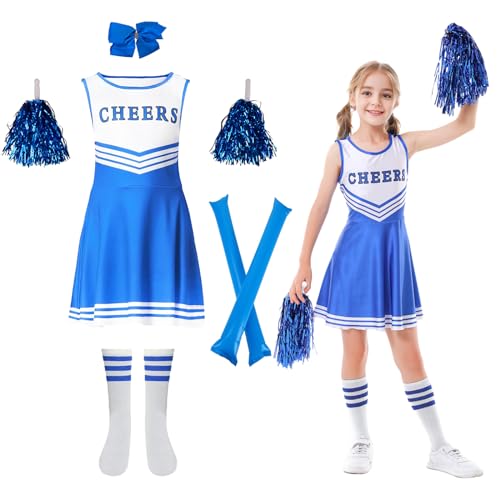 Cheerleader Kostüm Kinder, Cheerleadering Outfit Mädchen, Kinderkostüm Cheerleader, 5er Set Cheerleading Uniform Kleid mit Pompoms, Socken und Kopfschmuck für Karneval Fasching Party Halloween (150) von Sinwind