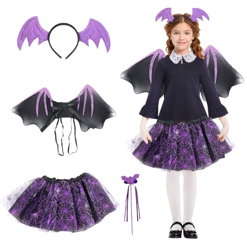 Halloween Fledermaus Kostüm Kinder Set, Fledermaus Kostüm Kinder, Fledermaus Kostüm Mädchen mit Fledermaus Headband, Stab, Flügel und Tutu für Halloween, Karnevals, Fasching, Cosplay Mottoparty von Sinwind