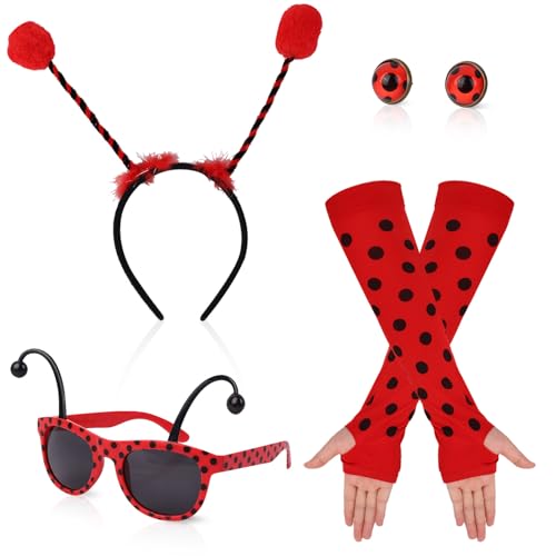 Marienkäfer Kostüm, 6 Stück Marienkäfer Costume Kit, Faschingskostüme Marienkäfer, Bienenkostüm Erwachsene, Headband, Long Gloves, Brille, Ohrringe für Kinder Mädchen Karneval Kostüm (Marienkäfer) von Sinwind