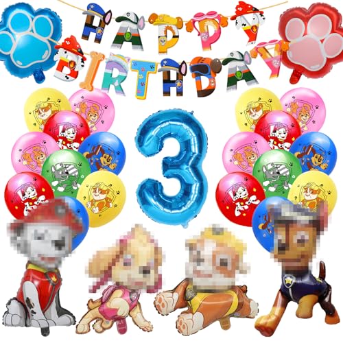 Sinwind Paw Dog 3. Geburtstag Deko Set, Paw Patrol Kindergeburtstag Deko, Luftballons, Folienballons, Happy Birthday Banner, Alufolie, Gummi, 27 Stück, Blau, Unisex-Kinder von Sinwind