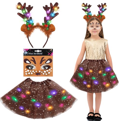 Karneval Reh Kostüm Kinder, Rentier Kostüm Mädchen, Rehkitz Kostüm mit Reh Haarreif LED, LED Tutu Rock, Reh Gesichtstattoo Glitter, für Fasching Karneval Halloween Weihnachten Cosplay von Sinwind