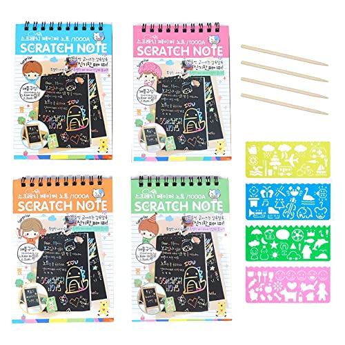 Sipobuy Pack Von 4 Scratch Pads, 40 Blätter Regenbogen Magie Scratch Papier Kunst Und Handwerk Graffiti Notebooks Mit 4 Stifte Und Schablonen Für Kinder Party Festival Spiele Geschenke von Sipobuy